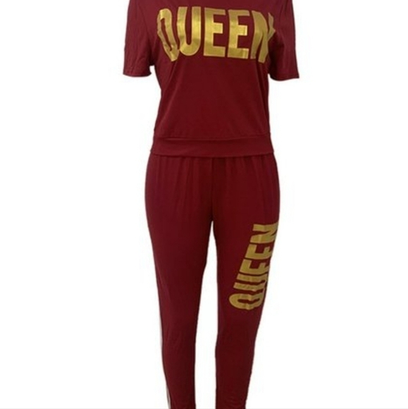 Women's Red Queen Letter Print Striped 2pc Stretch Pants Set Size M - Picture 2 of 4